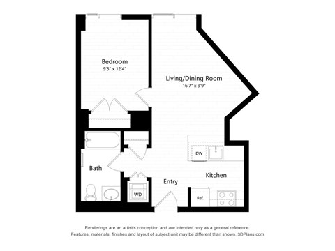 Floor plan for 1 bed, 1 bath, 560 sqft